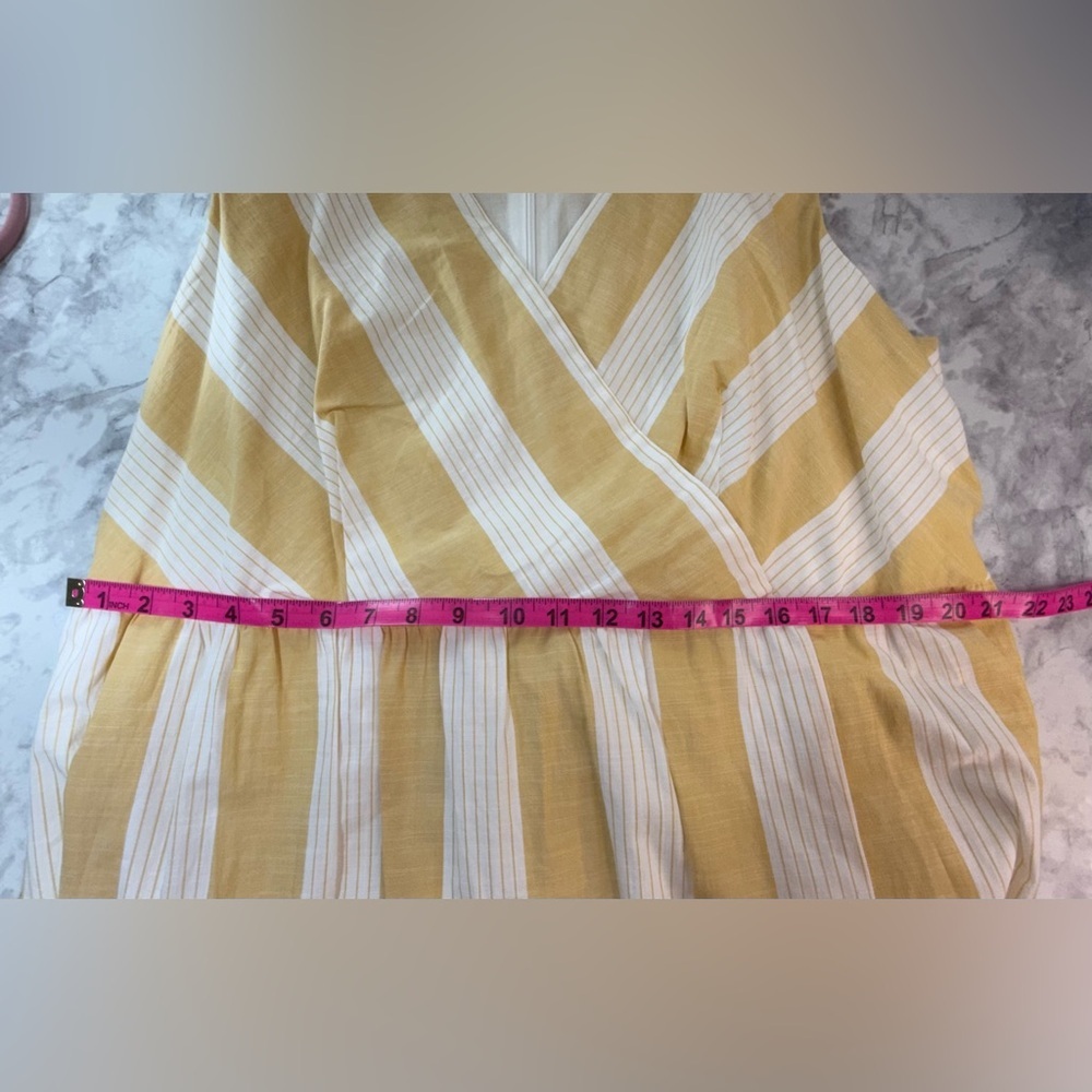 Butter yellow & white euro summer sleeveless vneck mock wrap tie back midi dress - Picture 4 of 7